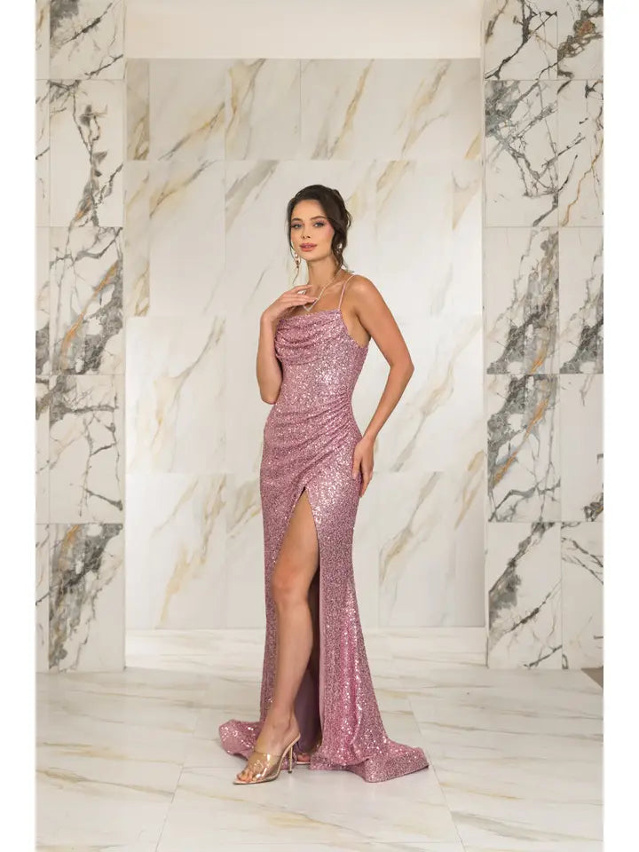 Spaghetti Strap Drape Neck Sequin Gown