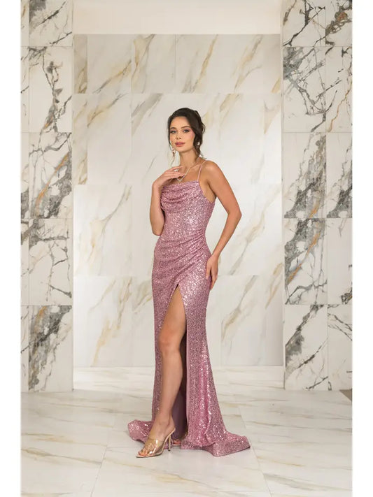Spaghetti Strap Drape Neck Sequin Gown