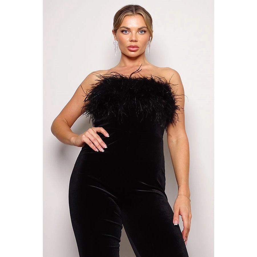 Black Strapless Feather Velvet Catsuit