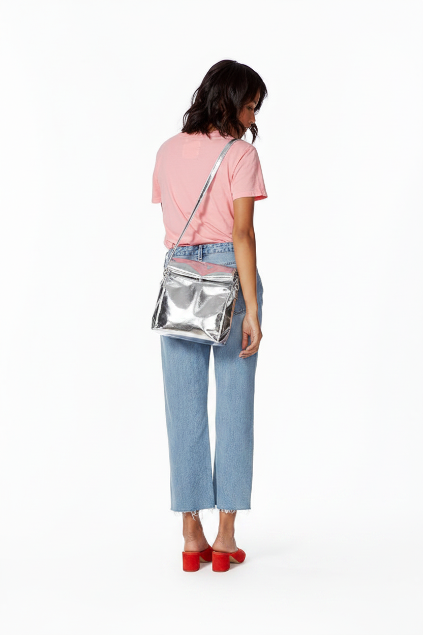 Metallic Silver Crossbody Lunch Bag - Fold-Over Structured Bag