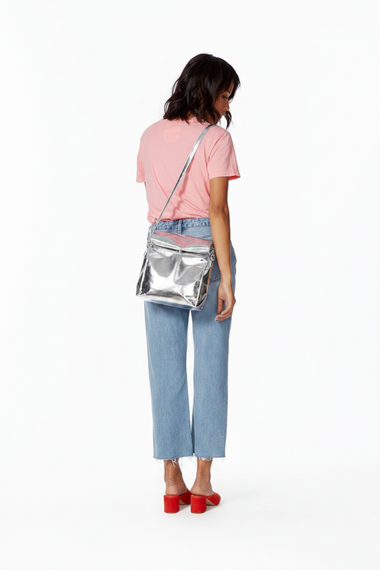 Metallic Silver Crossbody Lunch Bag - Fold-Over Structured Bag