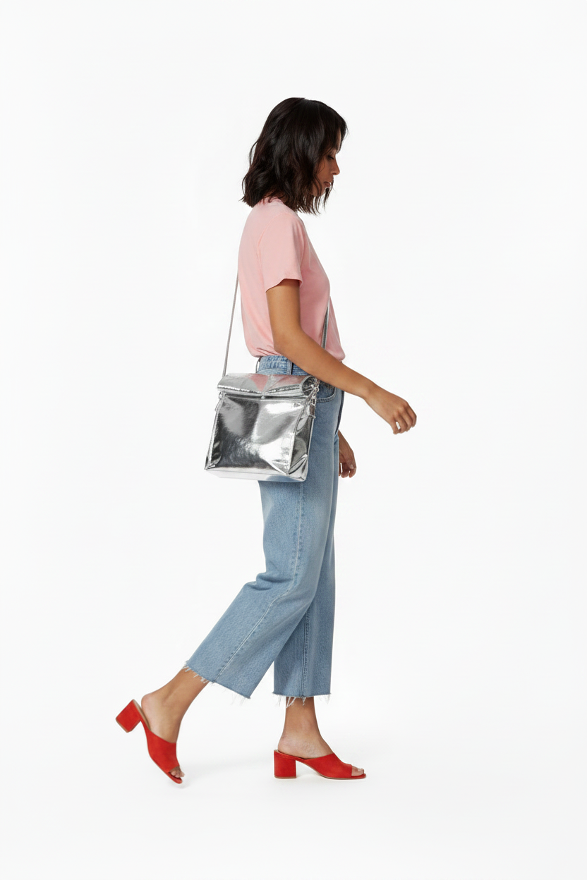 Metallic Silver Crossbody Lunch Bag - Fold-Over Structured Bag