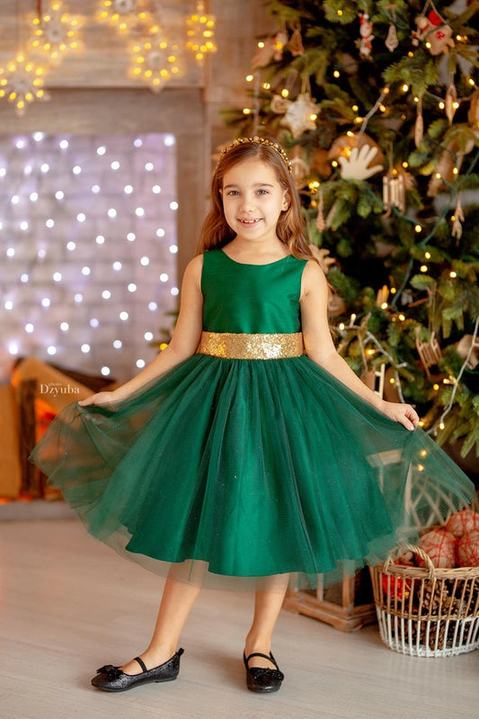 Girls' Glitter Tulle Dress with Gold Sequin V-Back – Green & Red