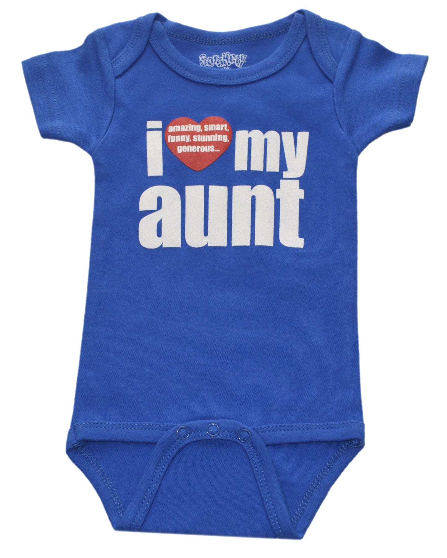Blue baby onesie with I Love My Aunt text and red heart for 12-18 months