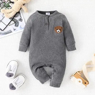 Baby Boy Grey Ribbed Cotton Jumpsuit with Bear Embroidery