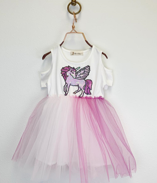 Girls' Sequin Unicorn Cold Shoulder Dress | Pink Ombre Tulle Skirt