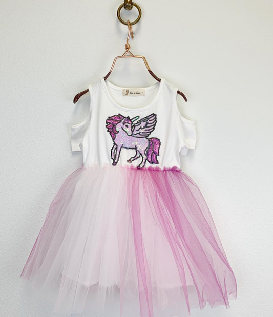 Girls' Sequin Unicorn Cold Shoulder Dress | Pink Ombre Tulle Skirt