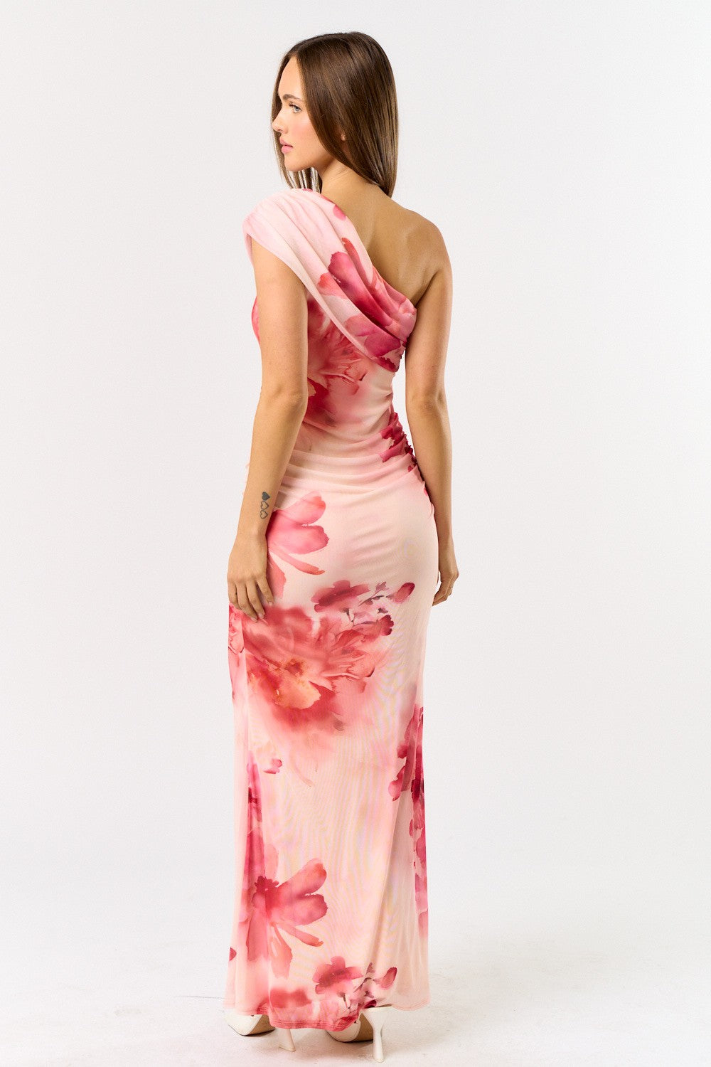 Blush Floral Mesh One Shoulder Mesh Maxi Dress