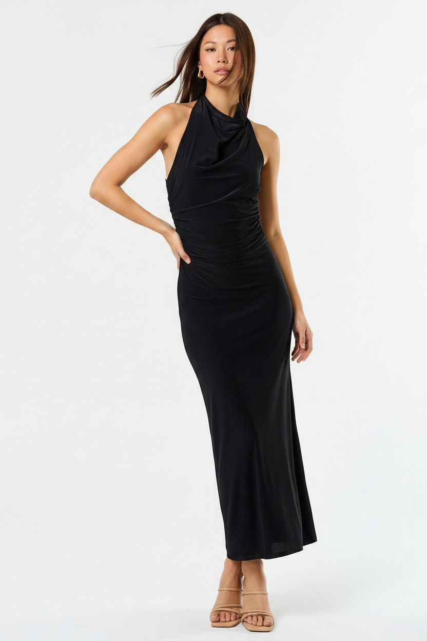 Black Halter Maxi Dress | Cowl Neck Open Back Ruched Bodycon