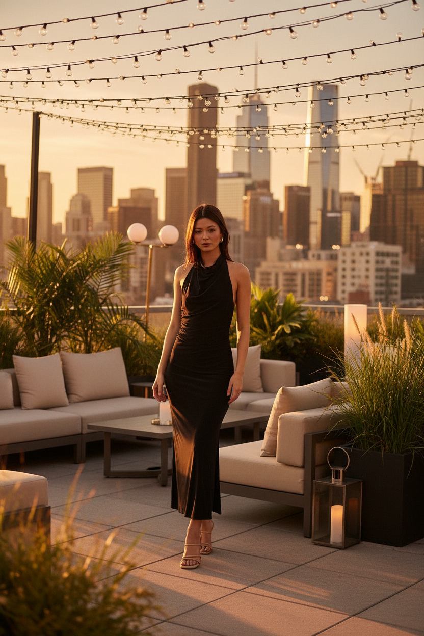 Black Halter Maxi Dress | Cowl Neck Open Back Ruched Bodycon