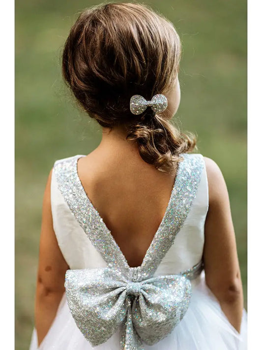 Girls' Ivory/Silver Sequin Back V Dress