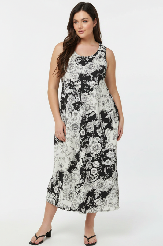 Sleeveless Black & Cream Floral Print Satin Maxi Dress