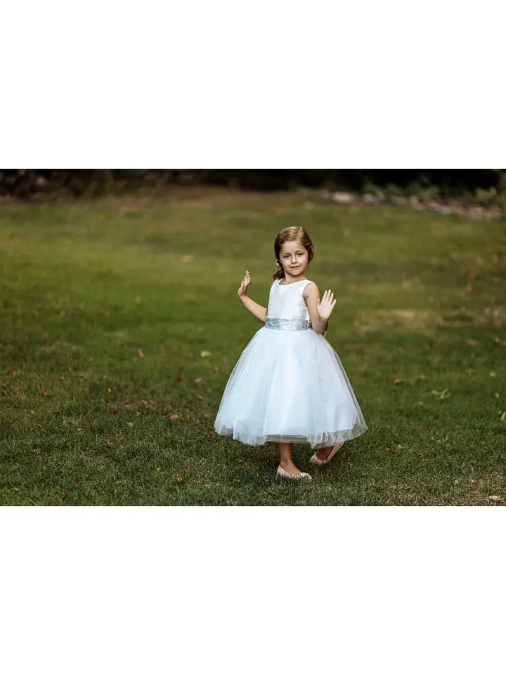 Girls' Ivory/Silver Sequin Back V Dress