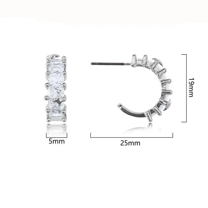 Cubic zirconia square cut metal star accent hoop earrings shown with measurements - 19mm length, 5mm width, 25mm diameter