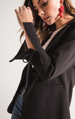 Black Tailored Blazer with Tie-Slit Sleeve Detail