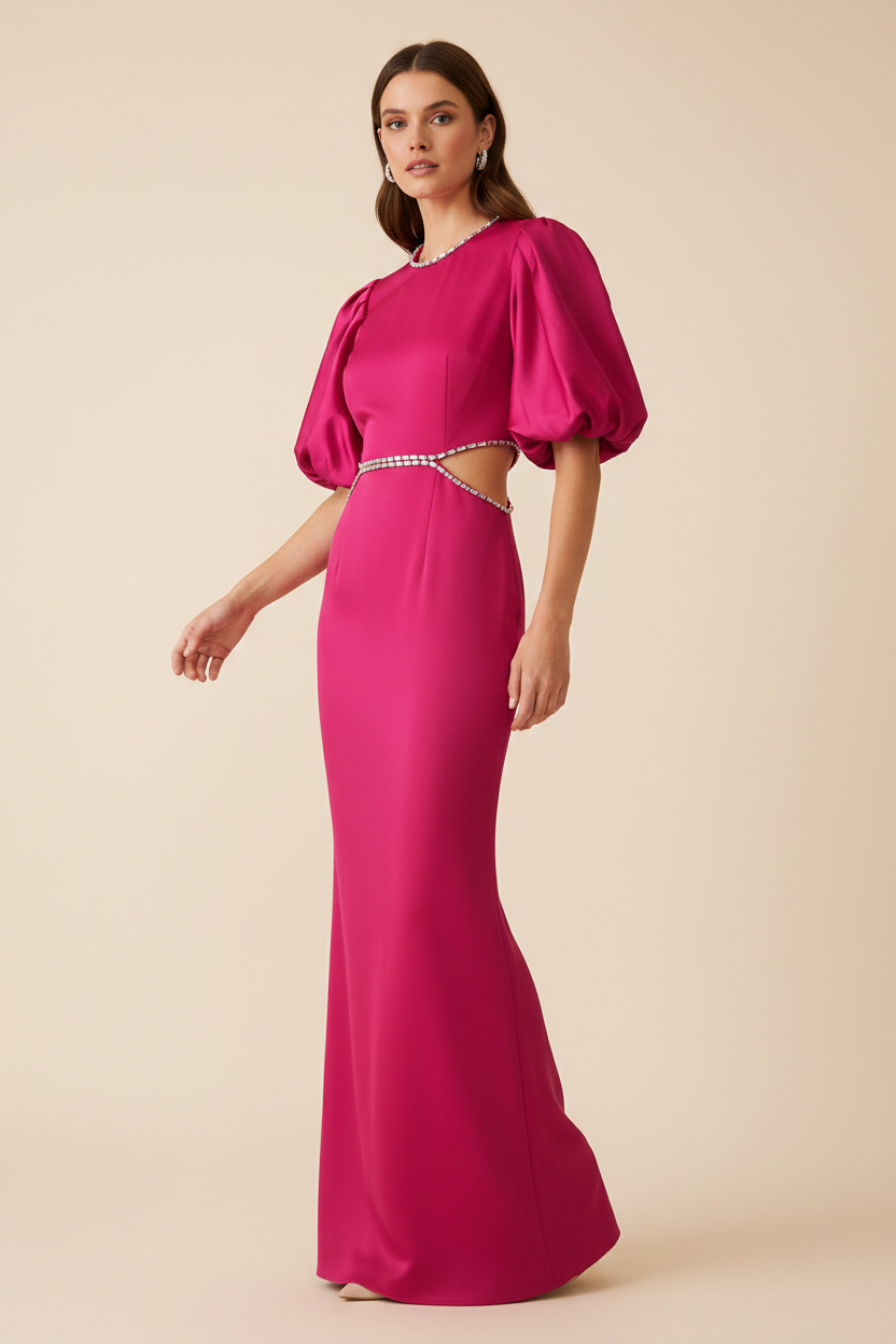 A woman models a vibrant magenta pink floor-length gown with puffed short sleeves, a high neckline, and a cutout waist accented with a rhinestone belt. The background is a solid, warm beige studio backdrop.