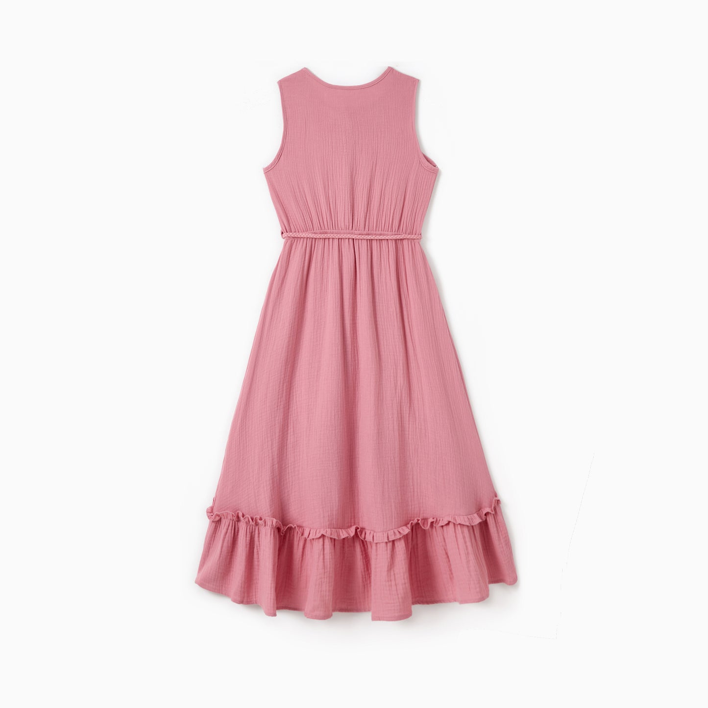 Pink dress with ruffled hem on a white background