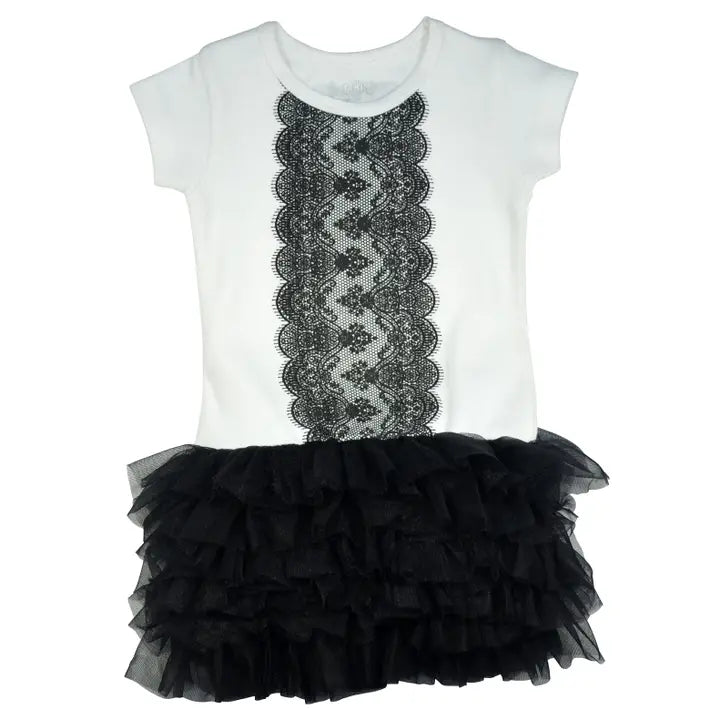 Front view of 9-month black and white tutu outfit with chevron lace graphic print and layered black tulle bloomers