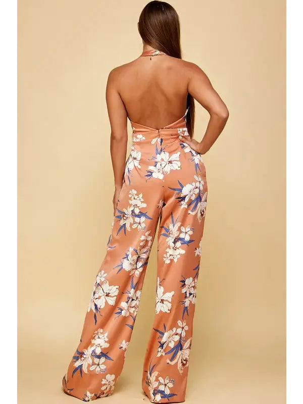 Floral Halter Jumpsuit - Peach