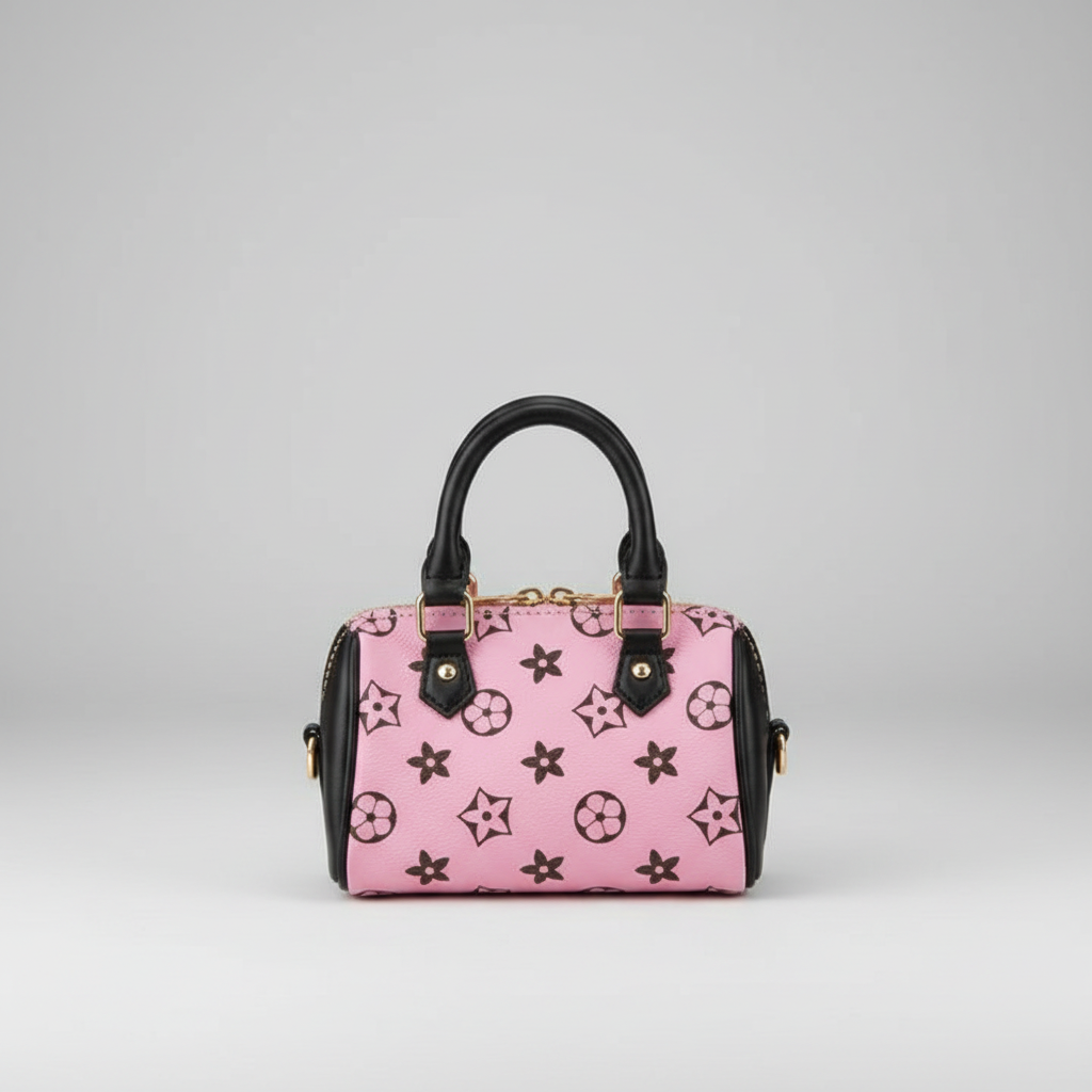 Girls' Pink Monogram Star Print Mini Cylinder Handbag with Black Handles