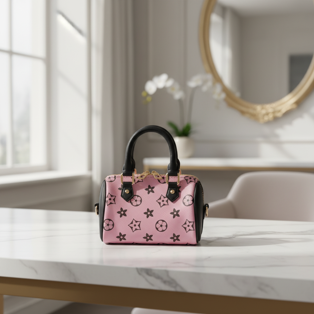 Girls' Pink Monogram Star Print Mini Cylinder Handbag with Black Handles