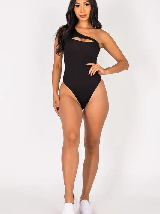 Ribbed Knit Cut-Out One Shoulder Bodysuit - Black