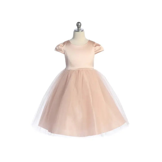 Girls' Capped Sleeve Satin Tulle Dress - Blush