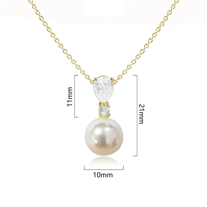Cubic Zirconia Teardrop Pearl Pendant Necklace – Gold or Silver