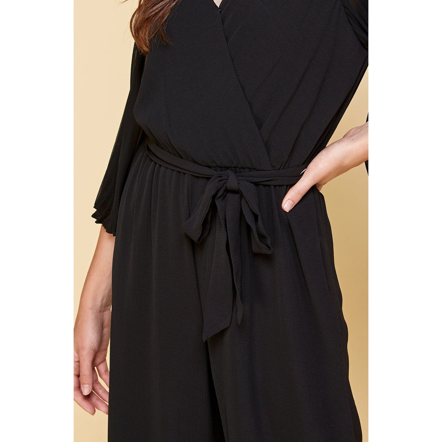Woven V-Neck Chiffon Pleated Sleeves Jumpsuit