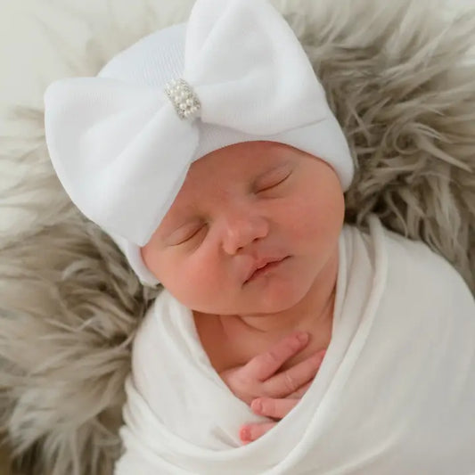 Infant Hospital Hat - Bow w/Pearls (Pink or White)