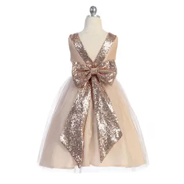 Girls' Rose Gold Sequin Back V Dress