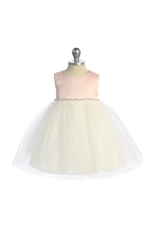 Infant Satin/Tulle Dress w/ Pearl & Rhinestone Trim