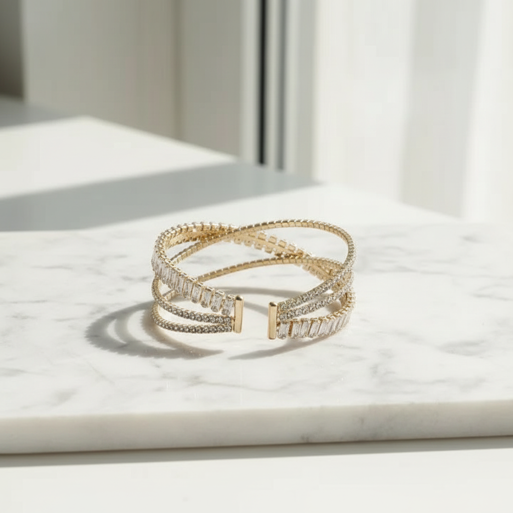 Triple Row Crystal Cuff Bracelet with Baguette Center – Silver or Gold