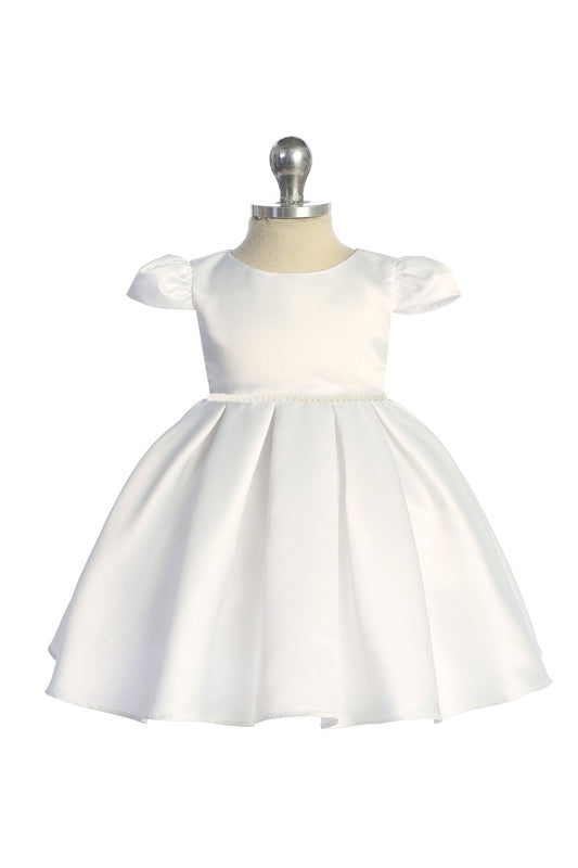 Infant Pleated Dress w/Pearl & Rhinestone Trim White