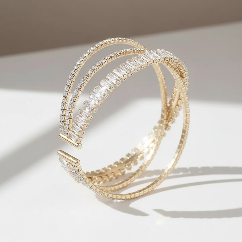 Triple Row Crystal Cuff Bracelet with Baguette Center – Silver or Gold