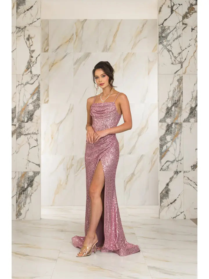 Spaghetti Strap Drape Neck Sequin Gown