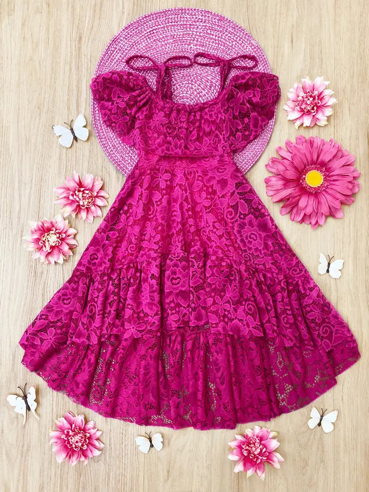 Girls' Pink Floral Lace Hi Lo Cold Shoulder Maxi