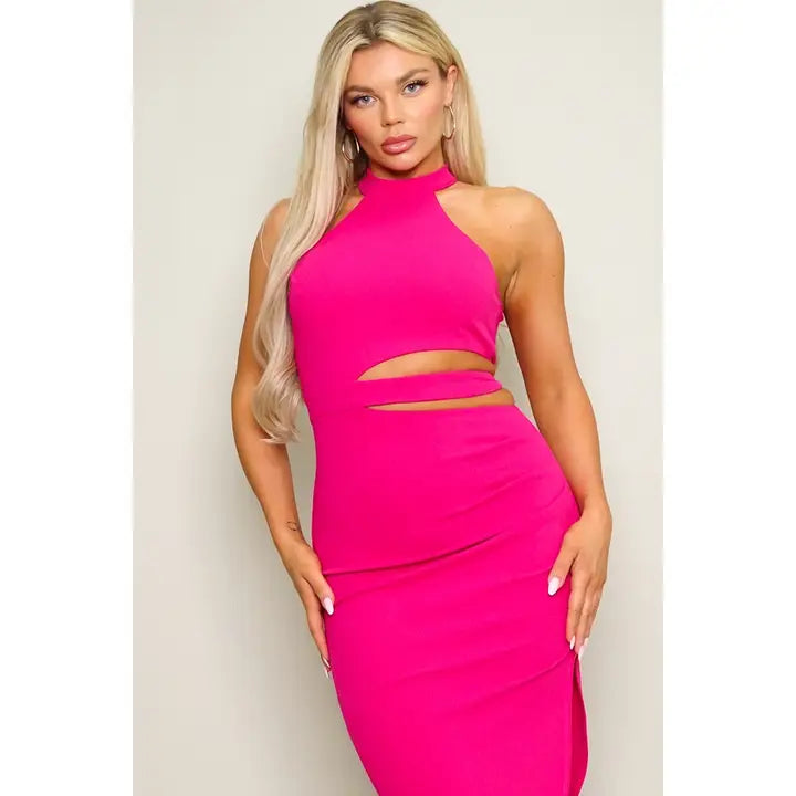 High Neck Midi Dress with Side Cutout Fuchsia