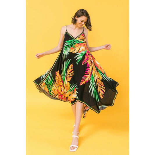 Palm Print Woven Midi Dress