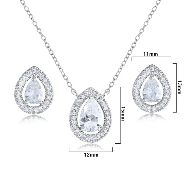 Cubic Zirconia Teardrop Halo Necklace Set