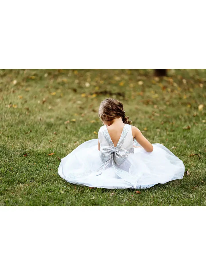 Girls' Ivory/Silver Sequin Back V Dress