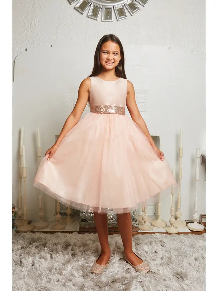 Girls' Rose Gold Sequin Back V Dress