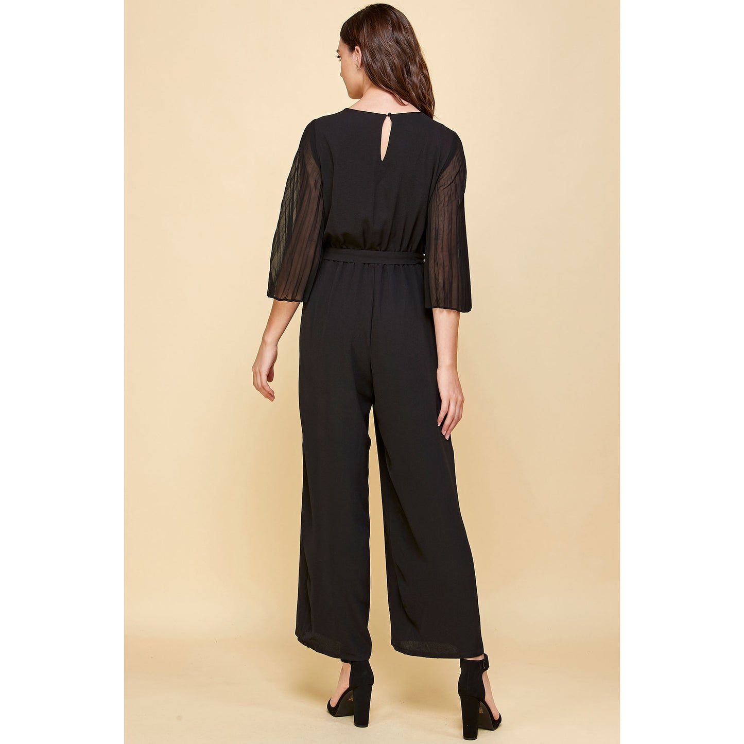 Woven V-Neck Chiffon Pleated Sleeves Jumpsuit