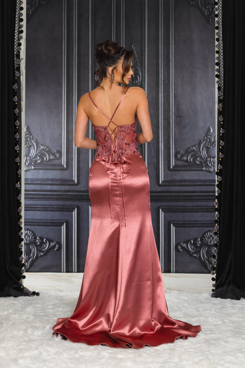 Lace-up mauve sequin corset gown with embellished mesh bodice and high slit satin skirt
