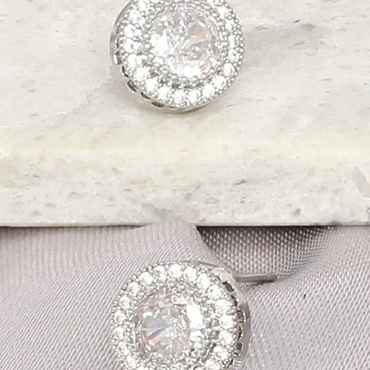 White Gold Plated CZ Halo Post Stud Earrings