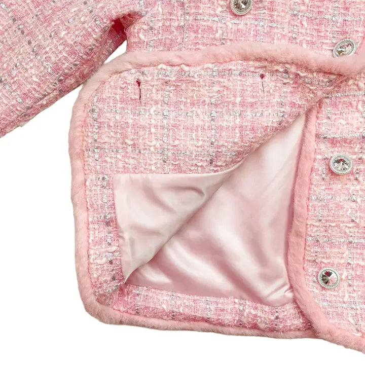 Girls' Fur Trim Tweed Jacket - Ivory