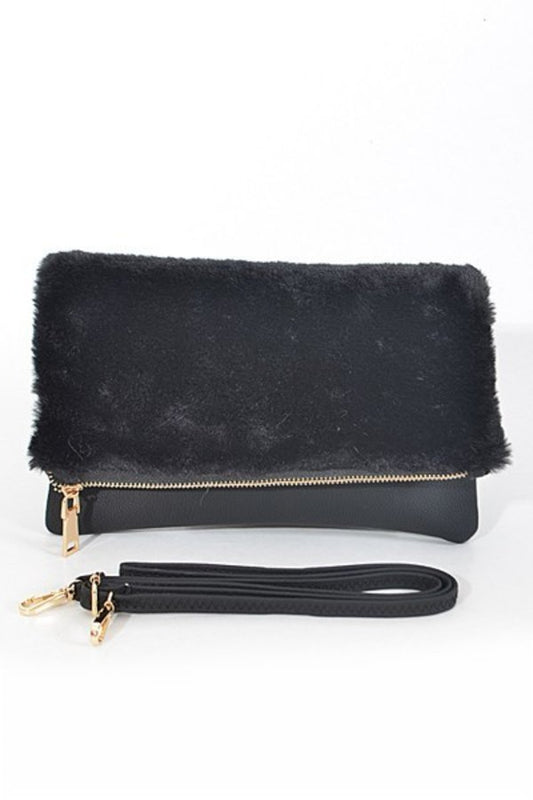 Faux Fur Foldover Zipper Clutch
