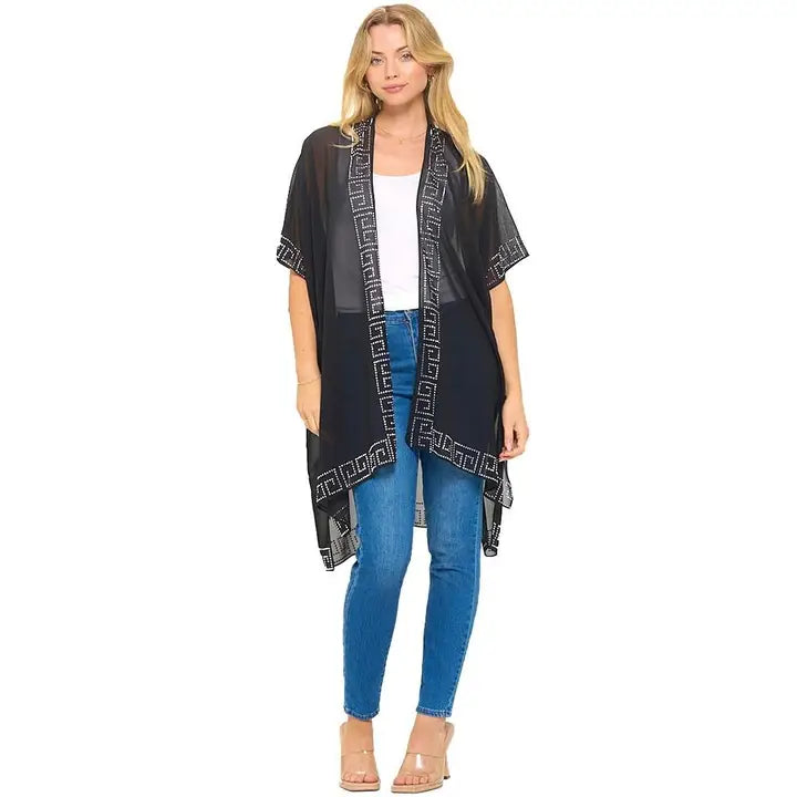 Rhinestone Greek Pattern Beach Party Chiffon Kimono Cover-Up OS