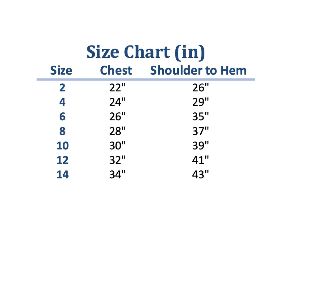Size chart showing chest and shoulder to hem measurements for different sizes.
