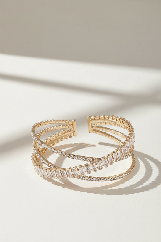 Triple Row Crystal Cuff Bracelet with Baguette Center – Silver or Gold